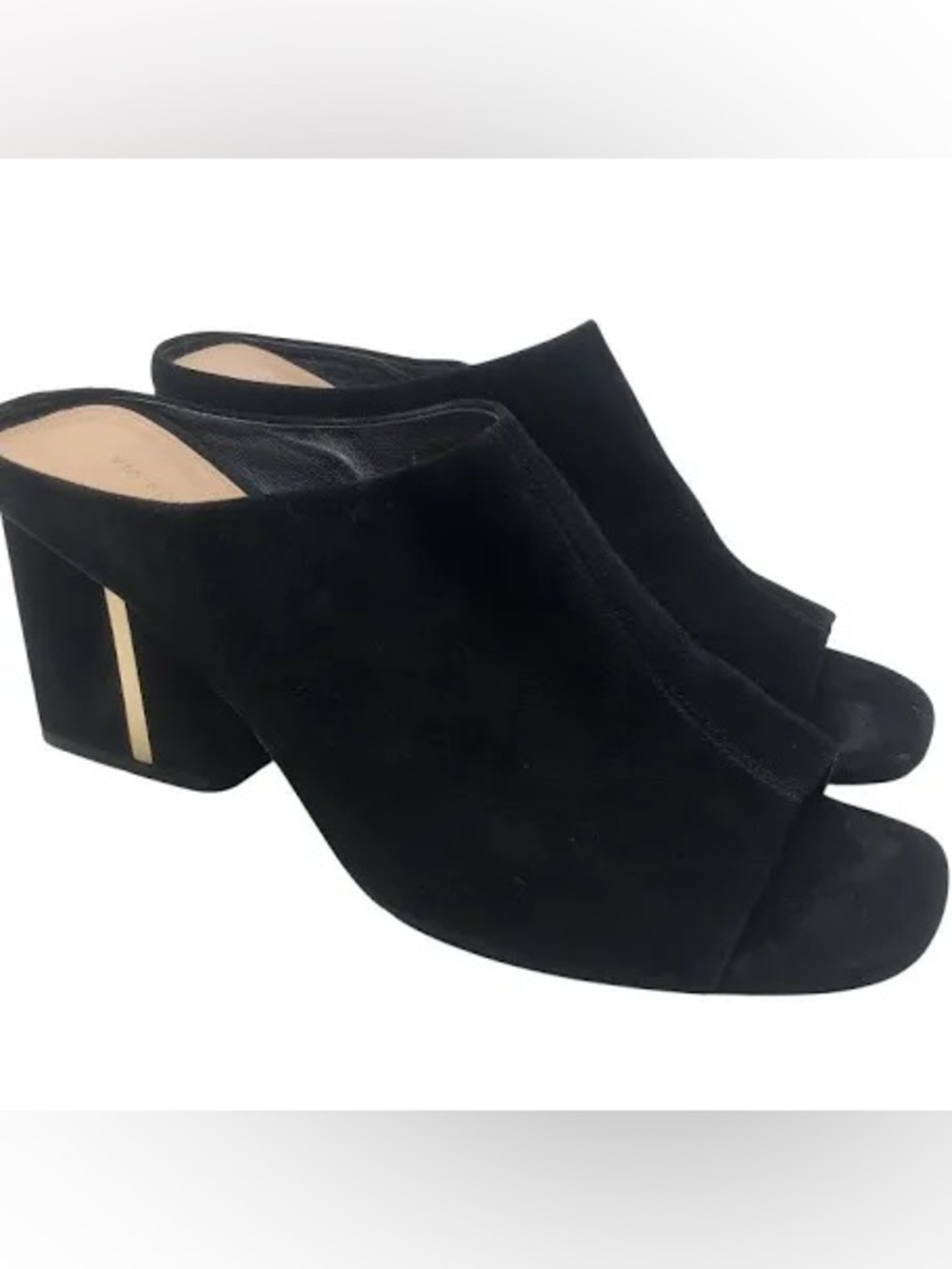 NEW Via Spiga Black Suede Open-Toe Block Heel Mules